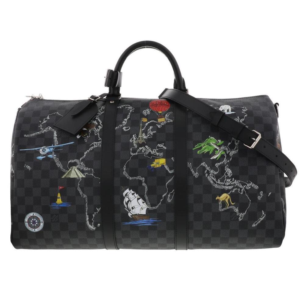 LOUIS VUITTON Keepall Bandelire Graphite Black Map Bag Handbag Black